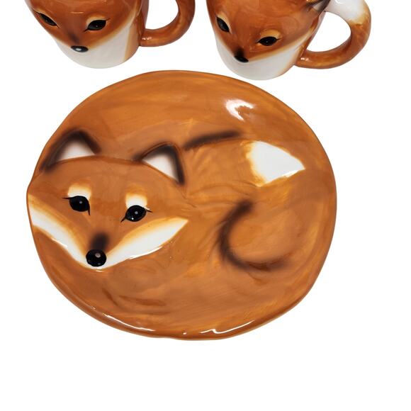 Lot Of 4 Red Fox Plate & Coffee Mug Set Autumn Fall Serving Decor Collectibles - Picture 3 of 11